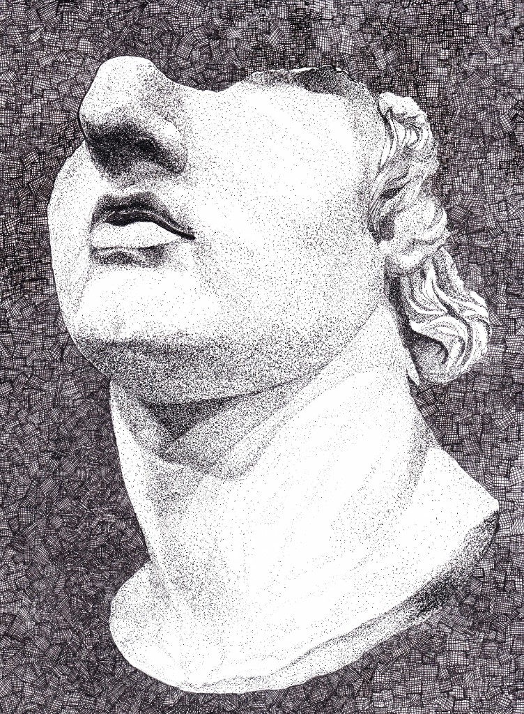 Classical bust — stippled pen drawing on a crosshatched field