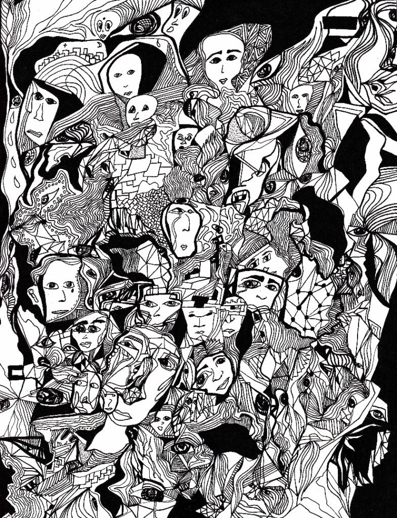 Dreaming — dense ink drawing of interwoven faces