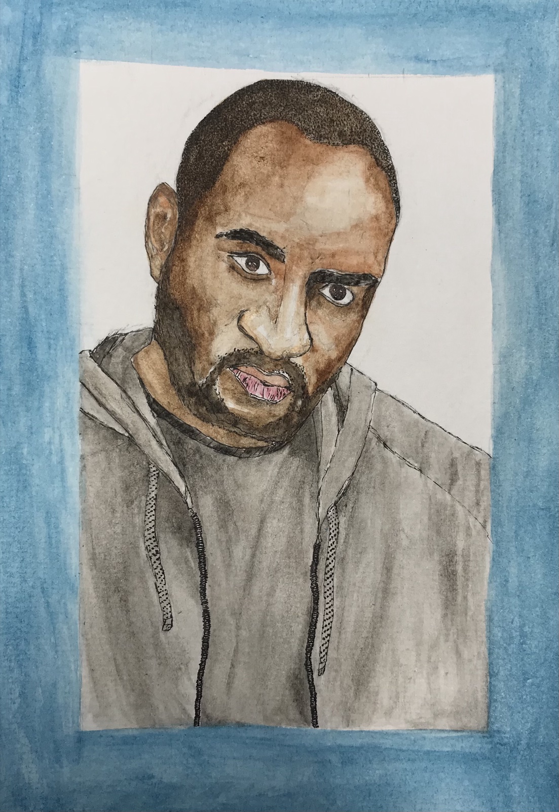 Portrait of a man in a grey hoodie — watercolor and ink