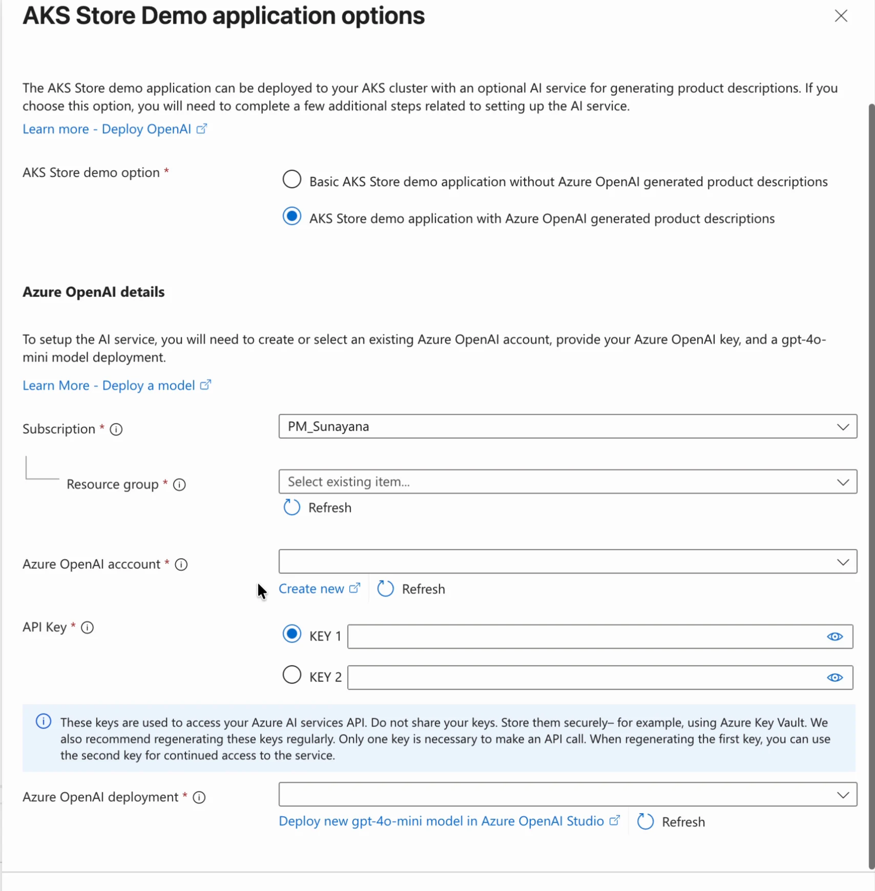 The AKS Store Demo application options panel: a choice between the basic sample and the version with Azure OpenAI generated product descriptions, then the Azure OpenAI account, key, and model deployment it requires