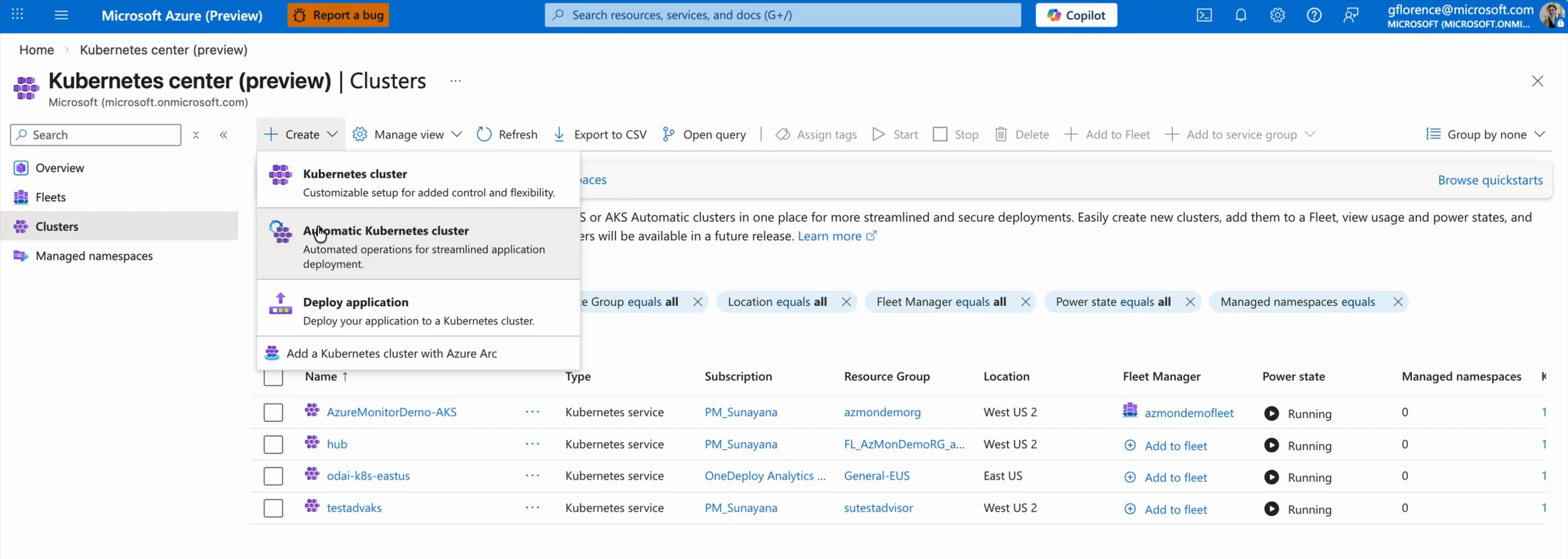The Kubernetes Center Create menu open, listing Kubernetes cluster, Automatic Kubernetes cluster, and Deploy application