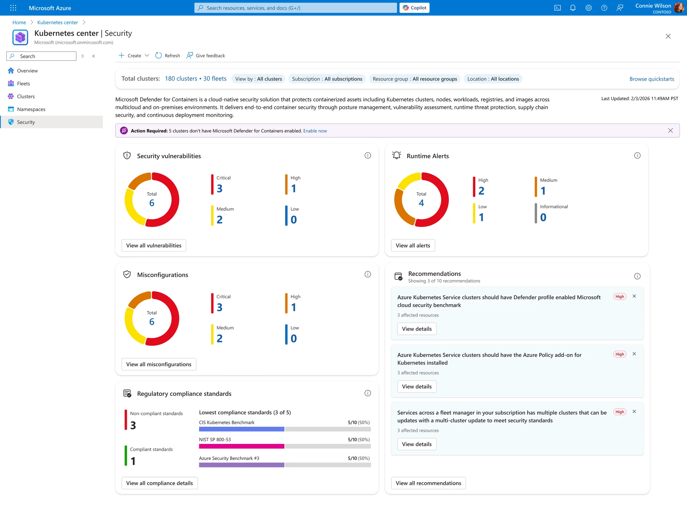 Kubernetes Center Security — cards for security vulnerabilities, runtime alerts, misconfigurations, and regulatory compliance standards, beside a list of the highest-impact recommendations