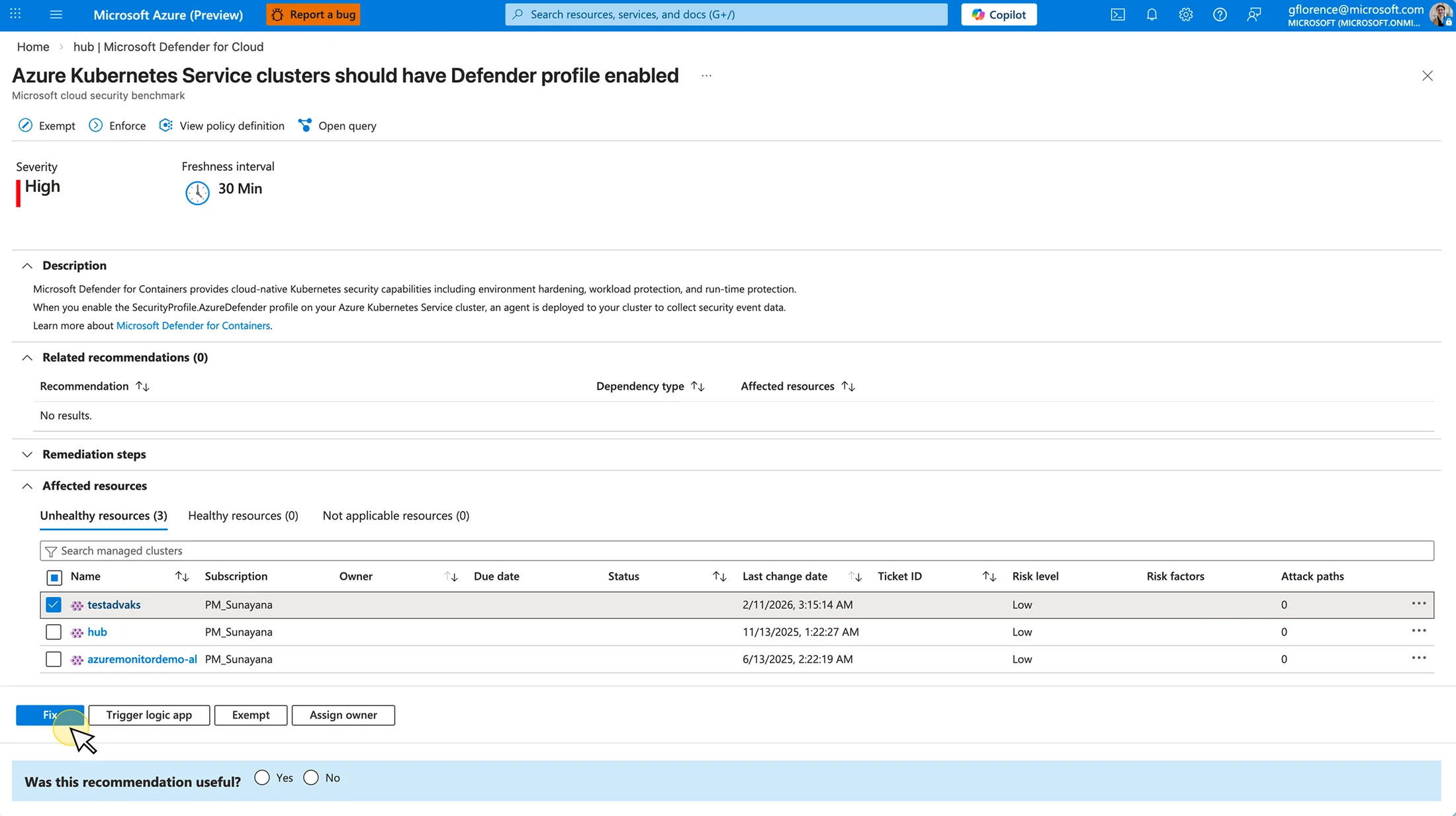 A Defender for Cloud recommendation opened from Kubernetes Center, showing the unhealthy clusters with one selected and Fix available