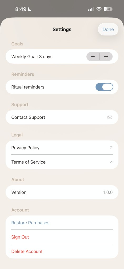 Settings screen
