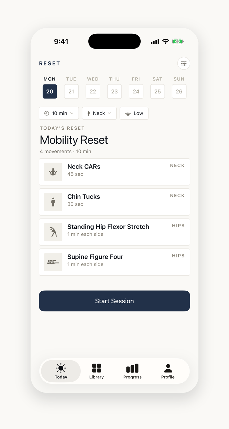 Reset — Today's reset with the day picker and movement list