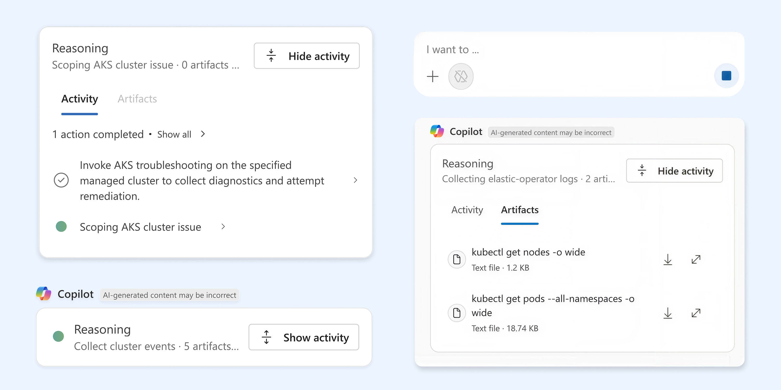 Azure Troubleshooting Agent: Copilot reasoning cards showing an AKS diagnostic run — activity steps and the collected kubectl artifacts